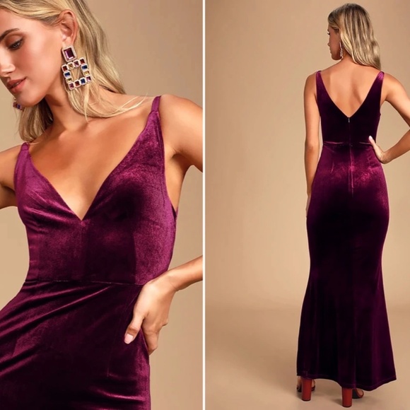 LULU's Prom Wedding Sexy Regal Flowy Romantic Elegant Velvet Maxi Dress - Picture 4 of 5